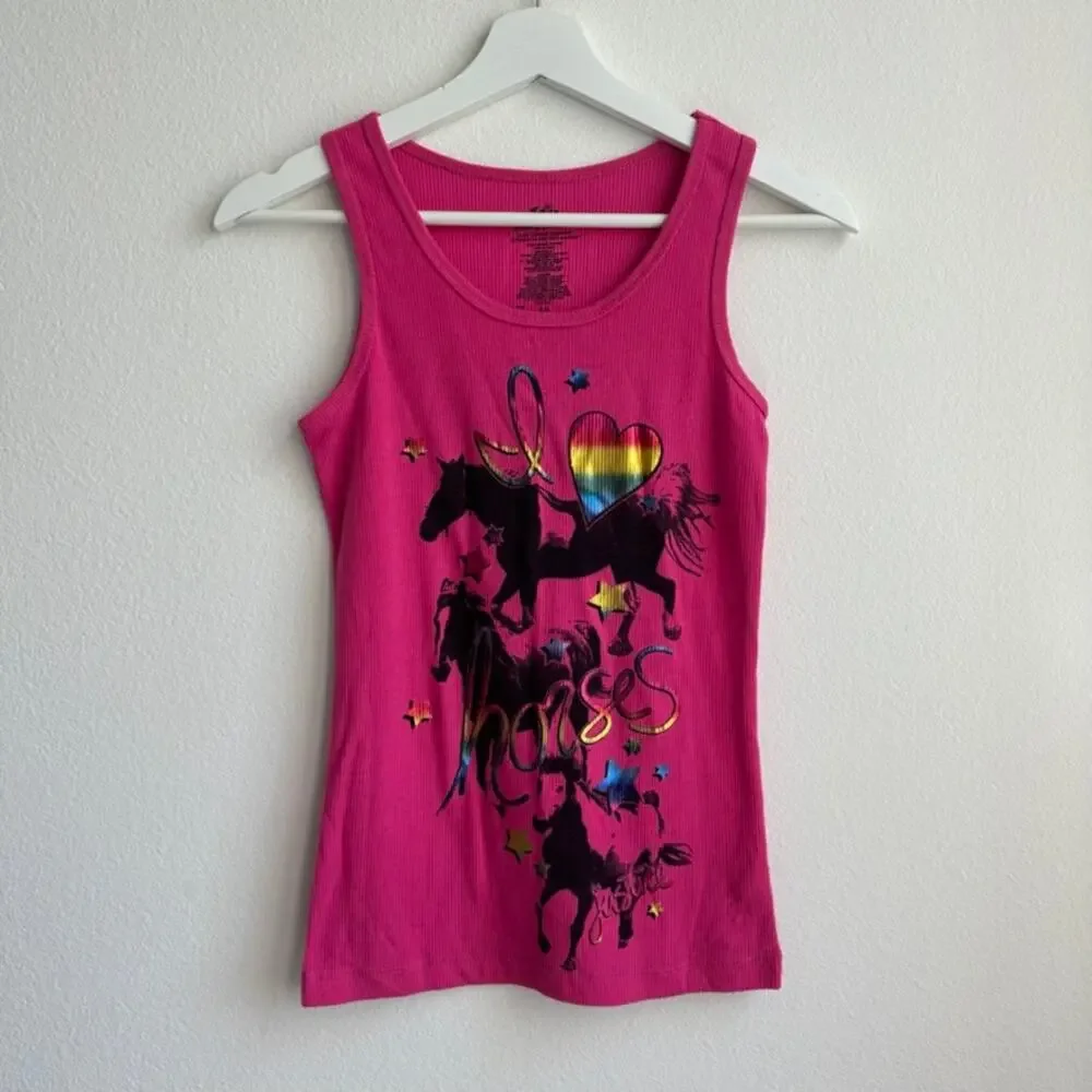 Justice I Love Horses holographic Barbie pink ribbed graphic tank top girls 14